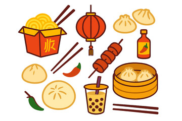 Popular Asian street food collection featuring dumplings, noodles, bubble tea, and traditional cultural elements