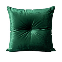 Plush emerald green velvet tufted square throw pillow for cozy home decor isolated on transparent background
