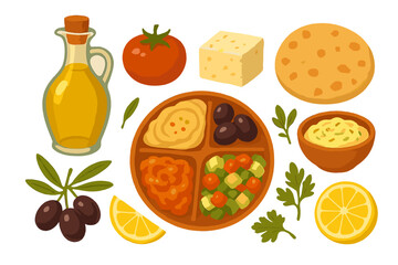 Assortment of healthy Mediterranean diet components featuring olive oil, cheese, tomato, and dips