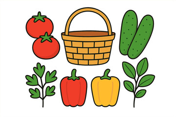 Colorful farm fresh produce items and a woven harvest basket isolated on white background