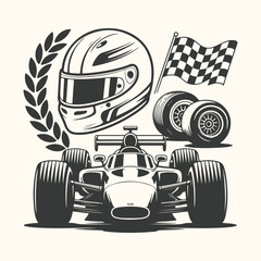 Vector art of racing car with helmet, checkered flag, laurel wreath, and wheels, symbolizing speed, victory, and motorsport competition