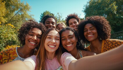 Smiling seven friends wearing casual summer wear capturing selfie in sunny park, with smartphone