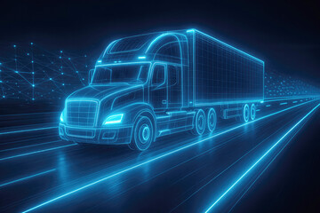 Blue neon wireframe semi-trailer truck driving on a digital highway with glowing light trails vehicle
