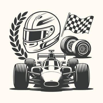Vector art of racing car with helmet, checkered flag, laurel wreath, and wheels, symbolizing speed, victory, and motorsport competition