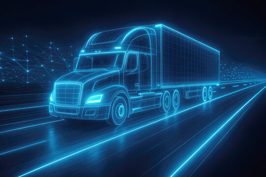 Blue neon wireframe semi-trailer truck driving on a digital highway with glowing light trails vehicle - Powered by Adobe