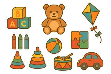 Collection of colorful classic children's toys including teddy bear, blocks, kite, and car