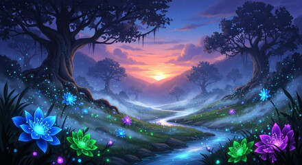 An enchanted valley filled with magical mist, strange glowing flowers peeking through the fog, fairy tale atmosphere, fantasy art, digital painting