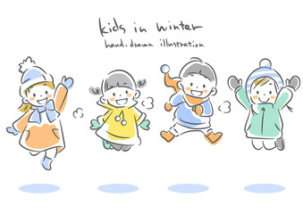 Winter children jumping and having fun. A soft and warm watercolor-style hand-drawn line drawing.