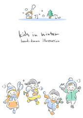 Frame of children enjoying winter. Soft and warm watercolor-style hand-drawn line art illustration.