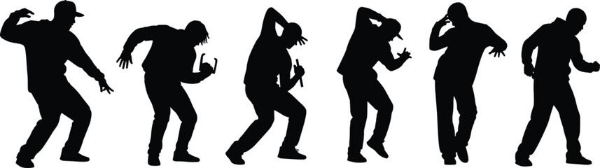 Dance silhouette illustrations, black hip-hop poses, dynamic body movement, street dance vector art, expressive choreography clipart, cultural rhythm design set
