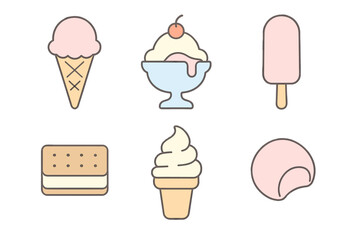 Set of sweet frozen desserts including ice cream cones, sundaes, popsicles, and sandwiches