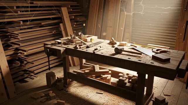 A dimly lit workshop features a wooden workbench filled with tools and scattered wood pieces