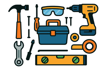 Fototapeta premium Essential construction and DIY repair tools set with toolbox and power drill