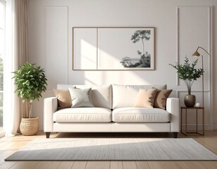 Fototapeta premium Bright living room with a sofa, artwork, and plants