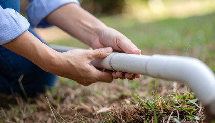 Close up of plumber hand fixing the water pipe in the garden
