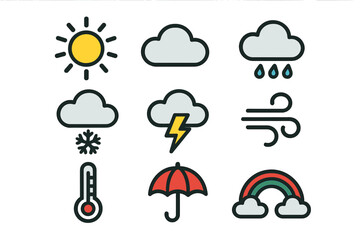 Obraz premium Colorful set of essential weather forecast icons including sun, rain, snow, wind, and lightning