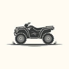 Vector art of a black and white illustration of a quad bike or allterrain vehicle atv parked on a grassy surface, presented in a minimalist style