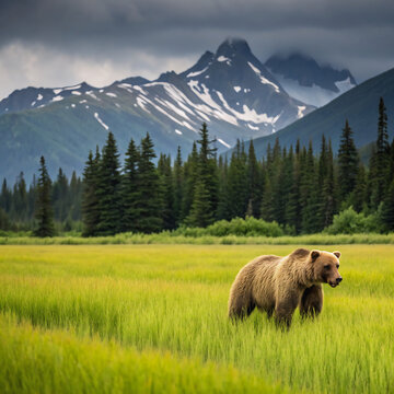 Brown bear standing in a mountain forest landscape