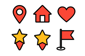 Set of essential user interface symbols including map pin home heart star and flag