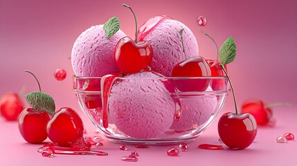 Pink ice cream with red cherries in glass bowl dessert photography