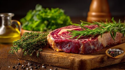 Raw beef steak on wooden board with herbs and oil