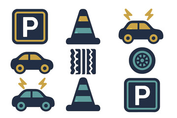 Dark blue and yellow symbols for automotive services, electric vehicle charging, parking, and road safety