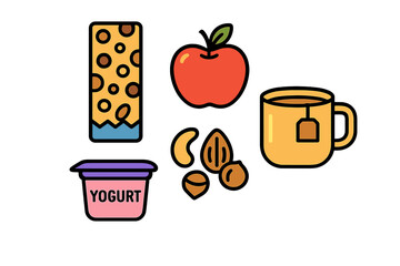 Healthy snacks assortment featuring apple yogurt granola bar nuts and tea mug isolated on white