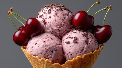 Ice cream cone with cherries dessert composition