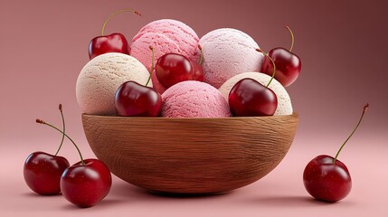 Ice cream scoops and cherries in wooden bowl dessert concept