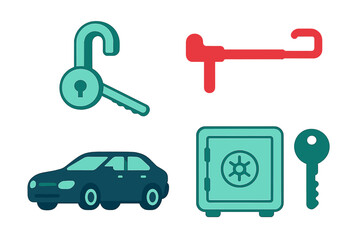 Obraz premium Set of essential security and protection items including car, safe box, keys, and steering wheel lock