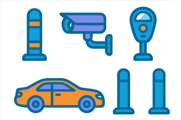 Urban street security and parking elements set including car camera meter and bollards