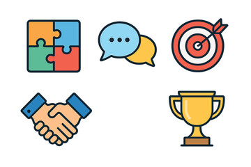 Business success and achievement icons set featuring puzzle pieces, communication, target, handshake, and trophy