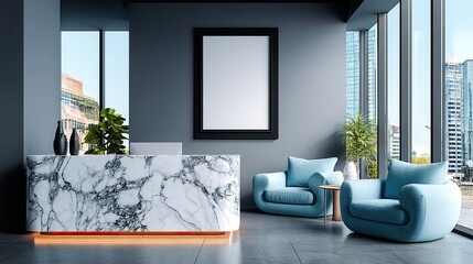 Modern office interior with armchairs blank frame and large windows