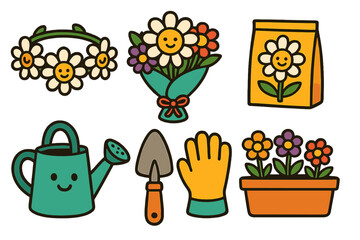 Cute cartoon gardening collection with smiling flowers, watering can, trowel, and protective glove