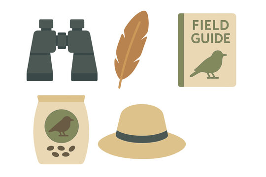 Essential equipment set for birdwatching, ornithology, and nature observation