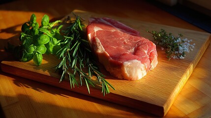 Raw steak on wooden board with herbs and salt