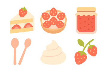 Set of sweet strawberry desserts and ingredients including cake, tart, jam, and fresh fruit