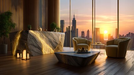 Luxury interior design with cityscape view and sunset glow