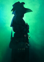 Fototapeta premium Plague Doctor Halloween Costume Portrait with Glowing Green Misty Fog, Gothic Character in Black Cloak bird Mask, Dark Fantasy Horror Scene with silhouette figure Spooky Atmospheric Lighting.