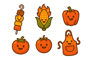 Adorable barbecue and grilling food characters set including corn, tomato, pepper, kebab, and apron