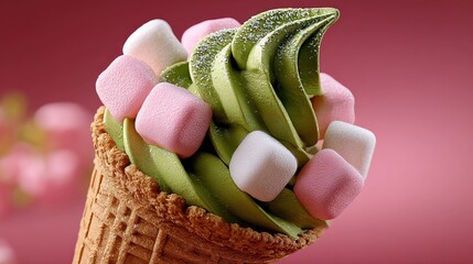 Green ice cream cone with marshmallows and waffle cone