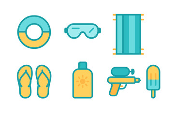 Collection of summer beach essentials including flotation ring, goggles, towel, flip-flops, sunscreen, water pistol, and popsicle