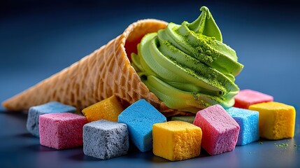 Green ice cream in a waffle cone with colorful candies