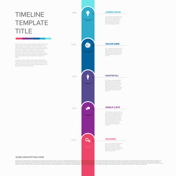 A clean vertical timeline infographic design template with color gradients and text description boxes. This timeline template is perfect for showcasing project history or business milestones.