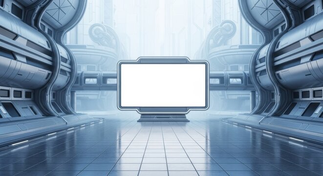 Blank screen in futuristic spaceship interior for advertisement, isolated on white background
