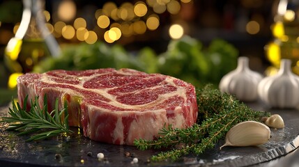 Raw beef steak with herbs and garlic on a dark surface