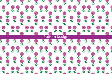Seamless pattern of stylized pink tulips with green stems and leaves on a white background