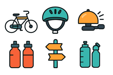 Cycling equipment set featuring bicycle, helmet, bell, water bottles, and signpost
