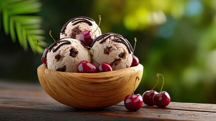 Ice cream scoops and cherries in a wooden bowl