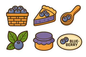 Blueberry products set featuring a basket of berries, pie slice, jam jar, and fruit label